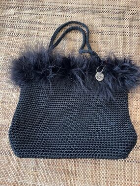 The Sak Black Knit Small Tote with Faux Fur Trim